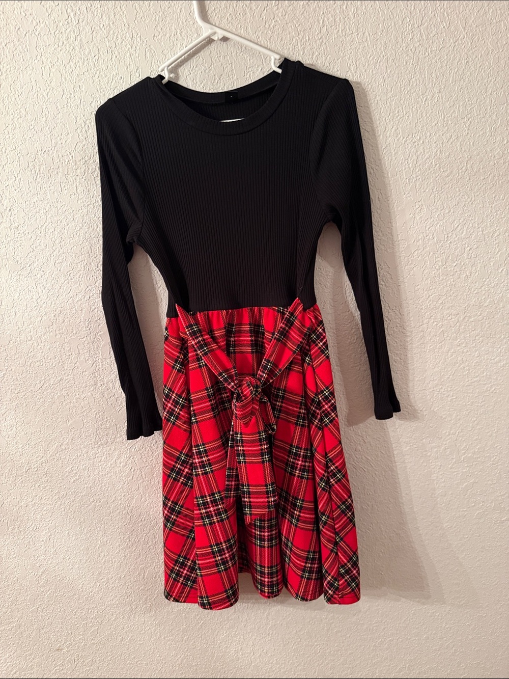 SHEIN Black Ribbed Top with Red Plaid Skirt Long-Sleeve Dress